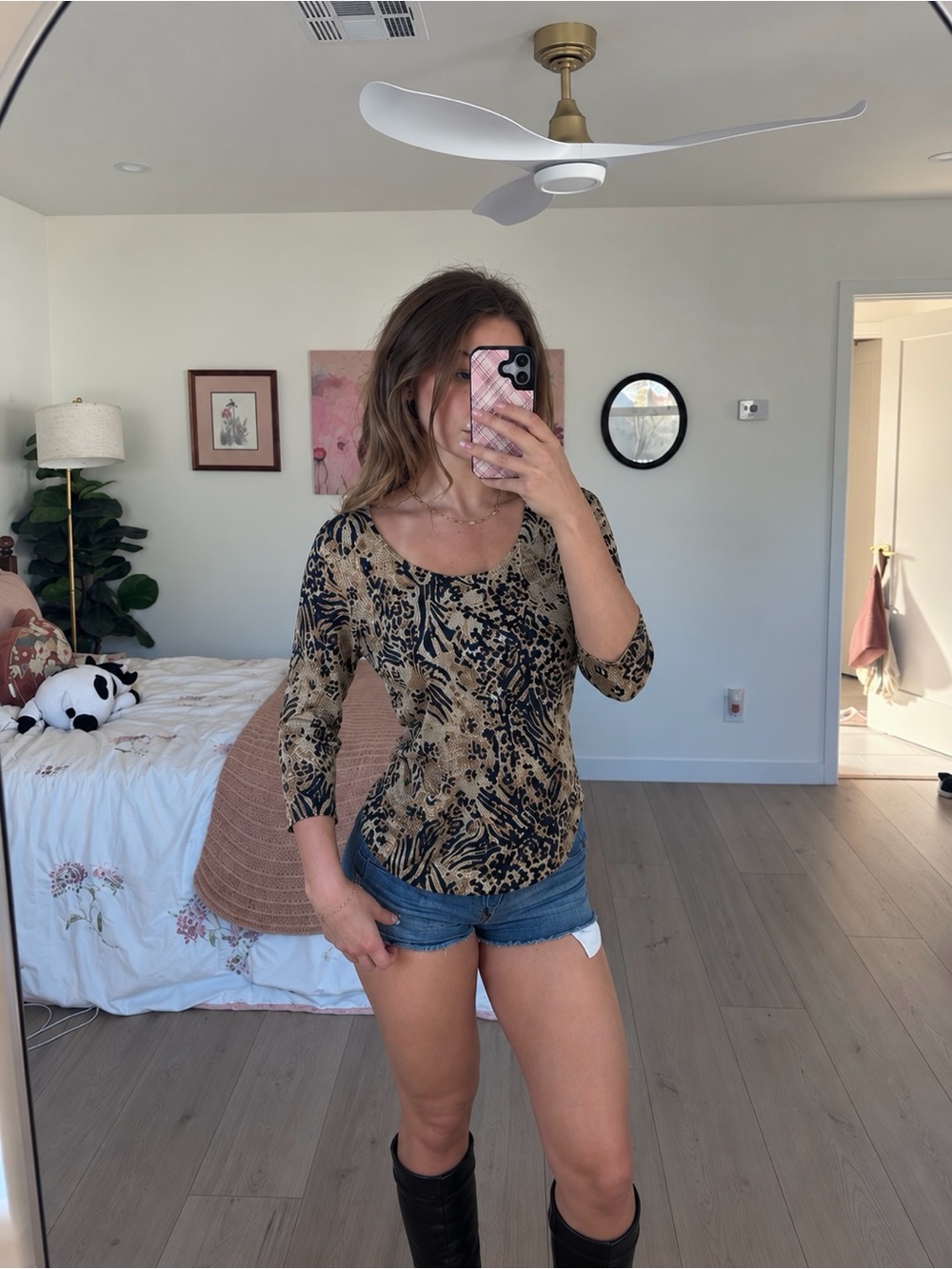 august silk Tan and Black Animal Print Scoop Neck Long Sleeve Top